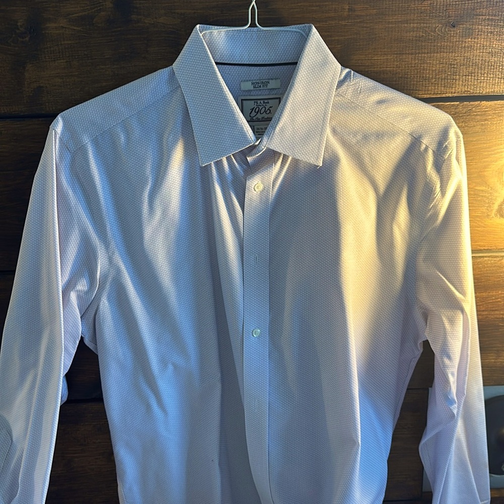 Non-iron, slim fit, 16.5 - 35, white with lavendar geometry and navy blues dots